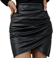EMOTTOS Women PU Leather Short Skirt, Wrap Hip Side Sexy Wrinkles High Waisted, V-Waist and Navel-Gazing Tight Pencil Skirt, A-Line Casual Zipper Faux Leather Mini Skirt, S-L, Black