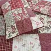 NEW ~ COZY RED BLUE WHITE GREEN LEAF GREY BROWN PLAID PATCHWORK ROSE QUILT SET