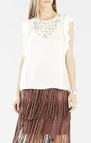 NEW BCBG IVORY HAIDEE FLUTTER-SLEEVE CUTOUT EMBROIDERED TOP TFQ1U566/S478W SZ L