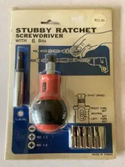 VINTAGE STUBBY RATCHET SCREWDRIVER WITH 6 BITS NEW NIP