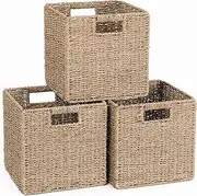 [TAIMEI&G02] 11x11x11in Seagrass Storage Baskets, Woven Baskets for Storage, Large Cube Wicker Storage Basket for Shelves Set of 3, Wicker Storage Basket for IKEA Kallax, Bedroom, Living Room