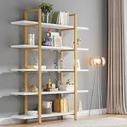 Tribesigns 5-Tier Bookshelf, Vintage Industrial Style Bookcase 120W x 30D x 178H cm, White & Gold