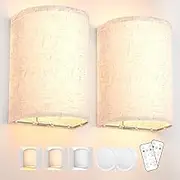 PRTILOUD Battery Operated Wall Sconces Set of Two, Wall Lamp with Remote, 3 Colors Dimmable Fabric Wireless Sconces Wall Decor Set of 2 with Timer for Bedroom Living Room
