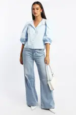 Blue Button Up Blouse Mid Sleeve Round Neck Lace Detail - Size 14L, Women's Top