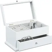 Relaxdays Large Mirror, Size: 15.5 x 28 x 16.5 cm Chic Jewelry Chest w/Drawer for Necklaces and Watches Wooden Jewellery Storage Box w/ 4 Compartments and 5 Ring Holders, White, Wood