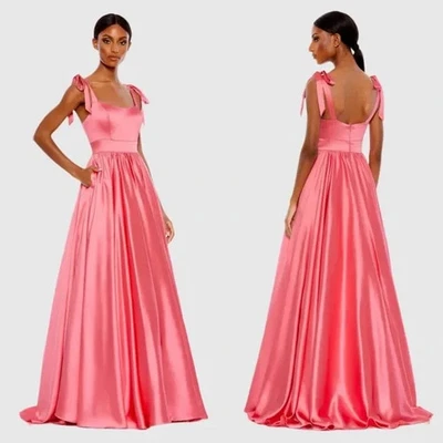 Mac Duggal Coral Pink Tie Shoulder Satin Ballgown Size 10 $398