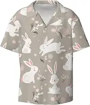 [VPPUR] Easter Bunny Floral Print Fashion Short Sleeve Button Down Cuban Collar Shirt Left Chest Convenient Pocket