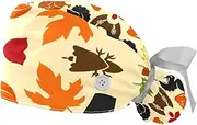[WOSHJIUK] Working Hat 2 Pack Scrub Caps for Women,Thanksgiving Turkey Pumpkin Leaves,Tie Back Cap Adjustable Scrub Hat