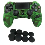 Silicone Grip Green Camo Non Slip + (8) Thumb Grip Caps For PS4 Controller