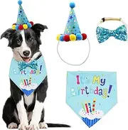 Dog Birthday Bandana Scarf and Dog Birthday Party Hat with Cute Dog Bow Tie Collar for Small Medium Large Dog Pet (Blue)