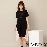 在飛比找momo購物網優惠-【PLAYBOY】拼接不規則百褶雪紡洋裝(黑色)