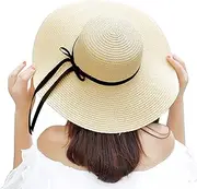 [Cauplse] Womens Wide Brim Bowknot Straw Sun Hat UV Protection Floppy Foldable Roll Up Sun Beach Cap for Women Gardening Outdoor Activities Beach Travel Straw Summer Hats UPF 50+, Beige