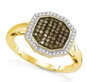 10K Yellow Gold Chocolate Brown & White Diamond Ring Octagon Cluster .33ct