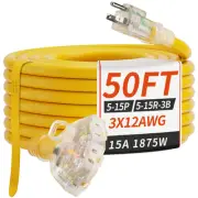 PlugSaf 50 FT 12/3 Gauge Outdoor Extension Cord with Multiple Outlets Light I...