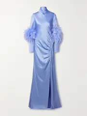 [LAPOINTE] LAPOINTE - Feather-trimmed Ruched Satin Gown - Blue - US0 US 0 Blue