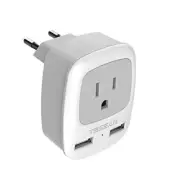 European Travel Plug Adapter, International Power Plug with 2 USB Ports, Gray