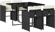 vidaXL 5-Piece Outdoor Bar Set - Black Poly Rattan Garden Dining Set with Cushions, Foldable Chairs, Tempered Glass Tabletop for Patio, Deck