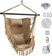 Hammock Swing Chair, Hanging Swing Seat W/Sturdy Steel Bar, Comfortable Headrest Pillow &2 Cushions, Installation Kit, Pocket Macrame Hammock for Living Room, Bedroom, Balcony, Max 180KG (Beige)