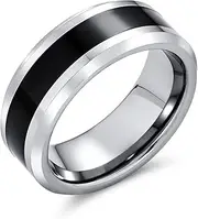 [Bling Jewelry] Simple Two Tone Black Center Couples Titanium Wedding Band Ring for Men for Women Silver Tone Beveled Edge 8MM
