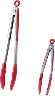 BBQ Tongs Set 2-Piece - Heat Resistant 280°C Stainless Steel & Silicone Cooking Tongs for Grilling, Steak, Salad - Non-Slip Scissor Tongs （21cm & 34cm） | Oven Safe, Anti-Scorch (Red)