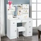 White Dressing Table With Light Mirror,Drawers,Vanity Makeup Desk Stool Set