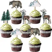 Sursurprise 32PCS Adventure Theme Cupcake Toppers Wooden Forest Mountain Cake Toppers for Adventure Baby Shower Decorations Birthday Party Supplies