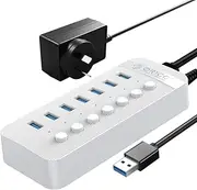 ORICO Powered USB Hub 7 Ports USB 3.0 Data Hub with Individual On/Off Switches and 12V/2A Power Adapter for Desktop Computer, PC, iMac, HDD, Flash Drive