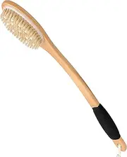 Bath Brush with Cellulite Massagers, Wooden Curved Long Handle Antiskid Dry Brushing Body Brush for Exfoliating, Natural Bristle Back Scrubber for Shower Use Wet or Dry for Men Women Elders