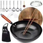 Kaqinu Carbon Steel Wok Pan, 14 Piece Woks & Stir-Fry Pans Set with Wooden Lid &