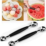 2Pcs Silver 2 in 1 Stainless Steel Melon Ballers Scoop,Double-Sided Fruit Melon Baller Spoon,Suitable Watermelon Cantaloupe Ice Cream Comfortable Non-Slip Grip Melon Ballers Fruit and Vegetable Tools