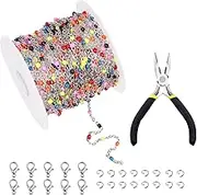 Tanstic 42Pcs 16.4Feet/5M Beaded Silver Chain Kit, Stainless Steel Colorful Bead Link Chain, Rosary Chain Bulk with Lobster Clasps, Jump Rings and Pliers for Bracelet Necklace Jewelry Making