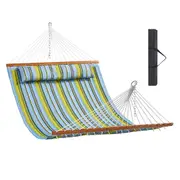 Double Quilted Fabric Hammock with Hardwood Bar and Pillow for Outdoor Relaxation