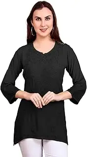 [ladyline] Lucknowi Hand Embroidered Tunic Top Rayon Womens Chikankari Short Kurti Hip Length (CEK NJLS) (38/ Black), Black (M)