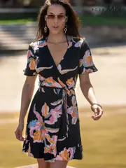Pour Moi Black Birdie Stretch Viscose Jersey Wrap Front Dress (H26739) | $104