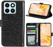 Wanglaism ZTE Blade A55 Case with 1 Pack Tempered Glass Screen Protector, ZTE Blade A55 Flip Leather Phone Case with Card Holder - Black