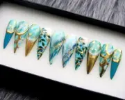 Olive Branch & Gold Dust Press On Nails, 3D Long Stiletto Y2K Marble