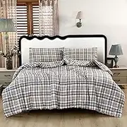 SDIII 3PCS Green Striped Queen Comforter Set, Soft Microfiber Lightweight Striped Comforter Queen, Green Plaid Bedding Farmhouse Shabby Chic Checkered