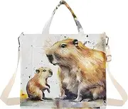 [XYMZR] Corduroy Tote Bag Cute Capybara Watercolor for Women Large Shoulder Bag with Pockets for Beach Work Travel Shopping S