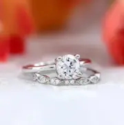 Minimalist Solitaire Engagement Ring Set - Art Deco Wedding Stackable Rings