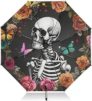 [PDZRMY] Skeleton Floral Butterflies UV Protection Travel Umbrella Compact for Rain and Sun - Auto Open and Close UPF 50+ Windproof Portable 46” Sun Umbrella for Women and Men