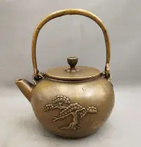 在飛比找樂天市場購物網優惠-精品古玩古董純銅仙鶴茶水壺居家裝飾擺設仿古黃銅羅漢松銅壺擺件