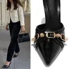 NEW Black Gold Studs Buckle Strap Pointy Toe Slip On Slides Mules Heels Sandals
