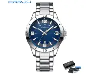 CRRJU Simple Fashion Date Wristwatches Male Luxury Design Stainless Steel Watches Men's Quartz Luminous Clock Silver