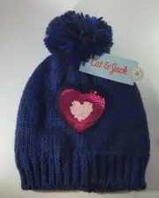 Cat & Jack Hat / Beanie with Pompom Navy With Heart OSFM