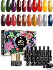 MEFA Gel Nail Polish Set 23 Pcs, 20 Colors Autumn Brown Red Burgundy Orange Yellow Glitter Dark Nail Gel Kit Fall Shades Nail Art with Glossy & Matte Top and Base Coat, DIY Salon Manicure Manicure Gifts for Women