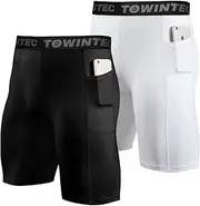[Towintec] Men’s Compression Shorts with Pocket Sports Running Tights Pockets Underwear Athletic Workout Spandex Base Layer Short for Biker Basketball Volleyball Training