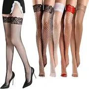 [Dewocke] 4 Pairs Women's Fishnet Stockings, Non-Slip Nylon Long Elastic Stockings, Silicone Lace Thigh Stockings, Hold-Up, Sexy Fishnet Stockings, One Size - 4 Colours, Black + White + Red + Brown,