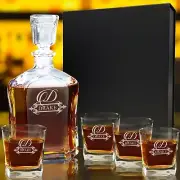 Custom Engraved Whiskey Decanter Set, 4 Glasses and Gift Box - Fancy Design
