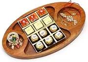 Ghasitaram Gifts Rakhi Gifts for Brothers Chip n Dip Platter of Channa Laddoos, Roli Chawal Thali and Bhaiya Bhabhi Rakhis