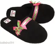 Big Girls / Ladies Polka Dot Ribbon Black SlipOn Slippers Pink Green Smiley